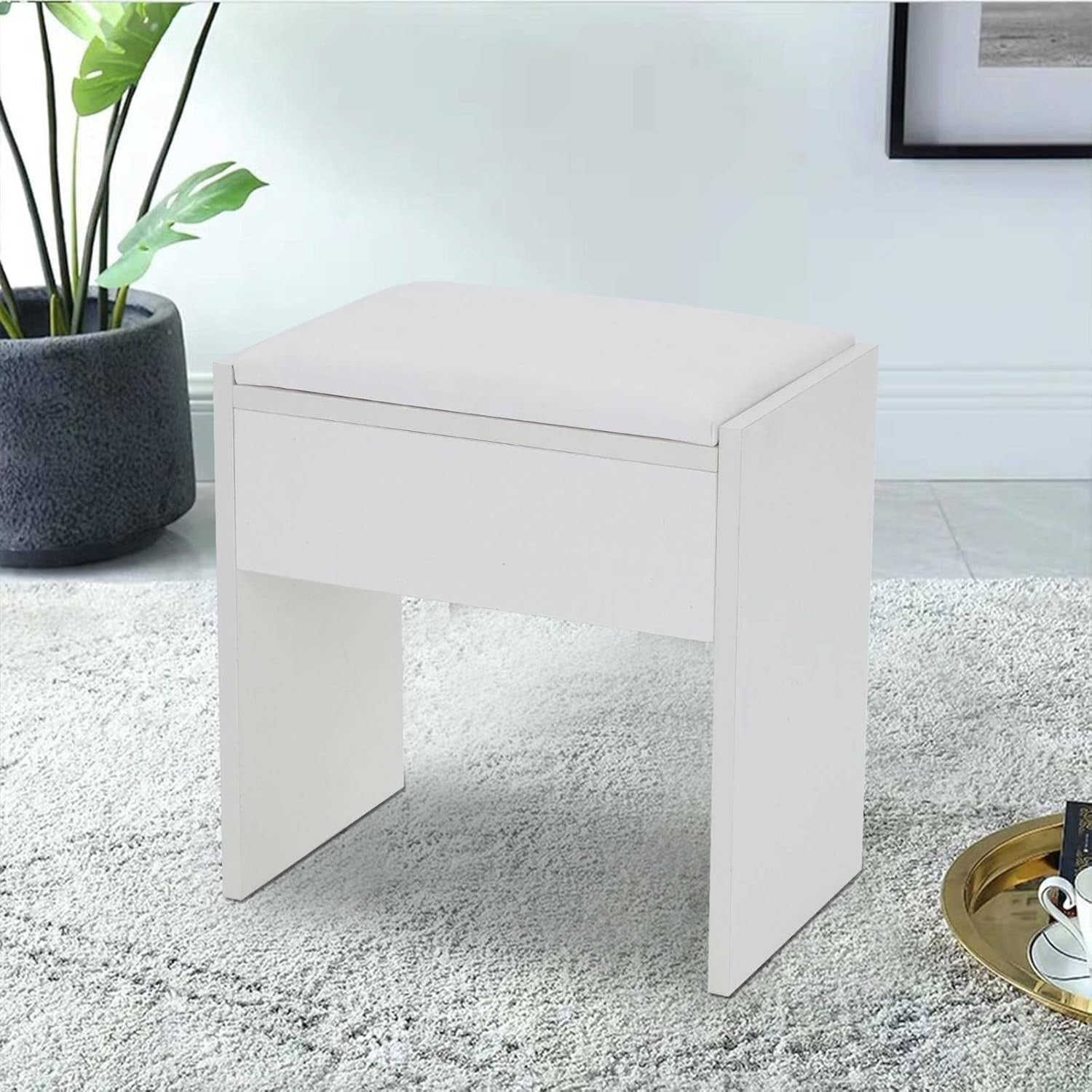 White Padded Vanity Stool Square Makeup Seat Modern Dressing Table Chair
