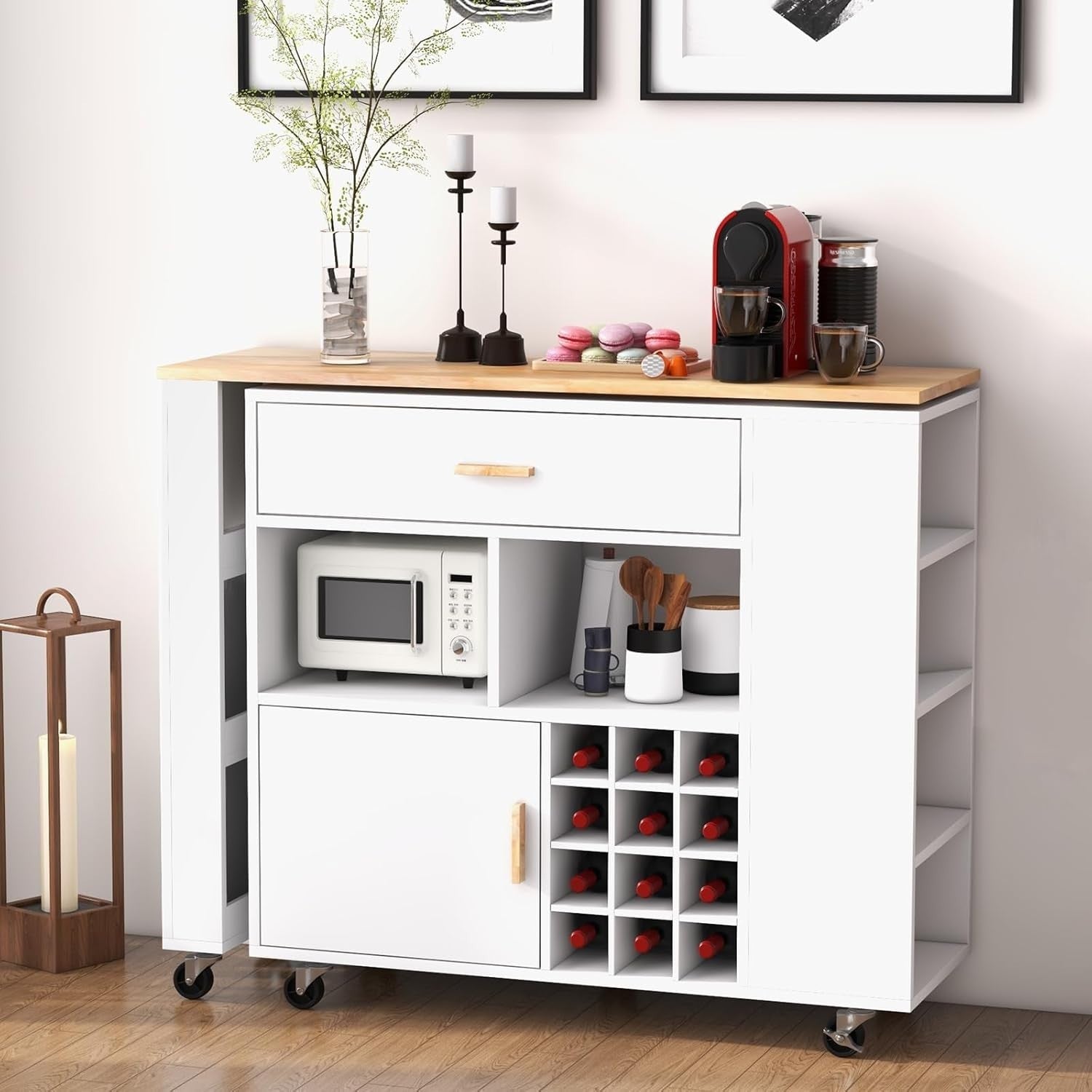 Large Kitchen Island Trolley w/ Wine Rack, Bar Table & Storage, White