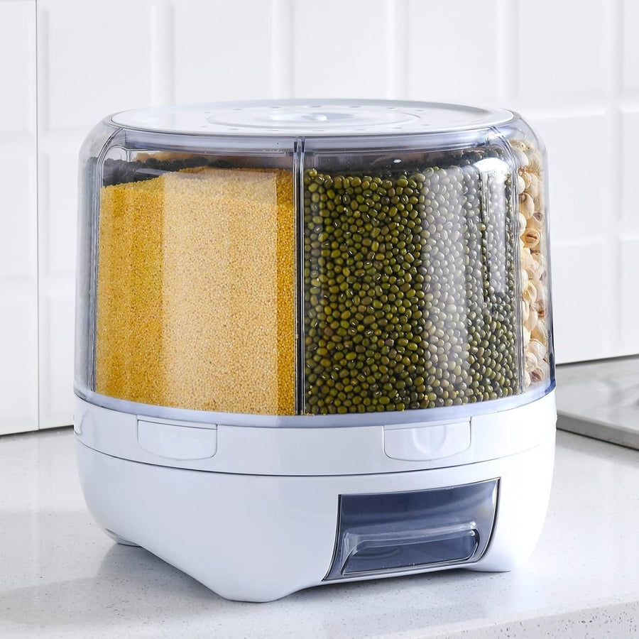 20LBS 360° Rotating Rice Dispenser 6 Grid Airtight Grain Bin