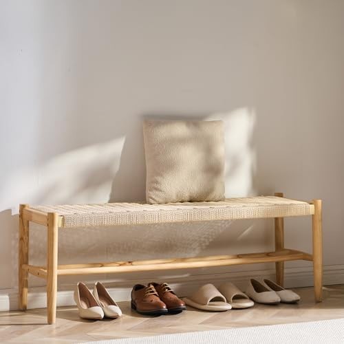 Natural Rattan Wooden Bench with Oak Legs, Handwoven Seat & Shoe Storage
