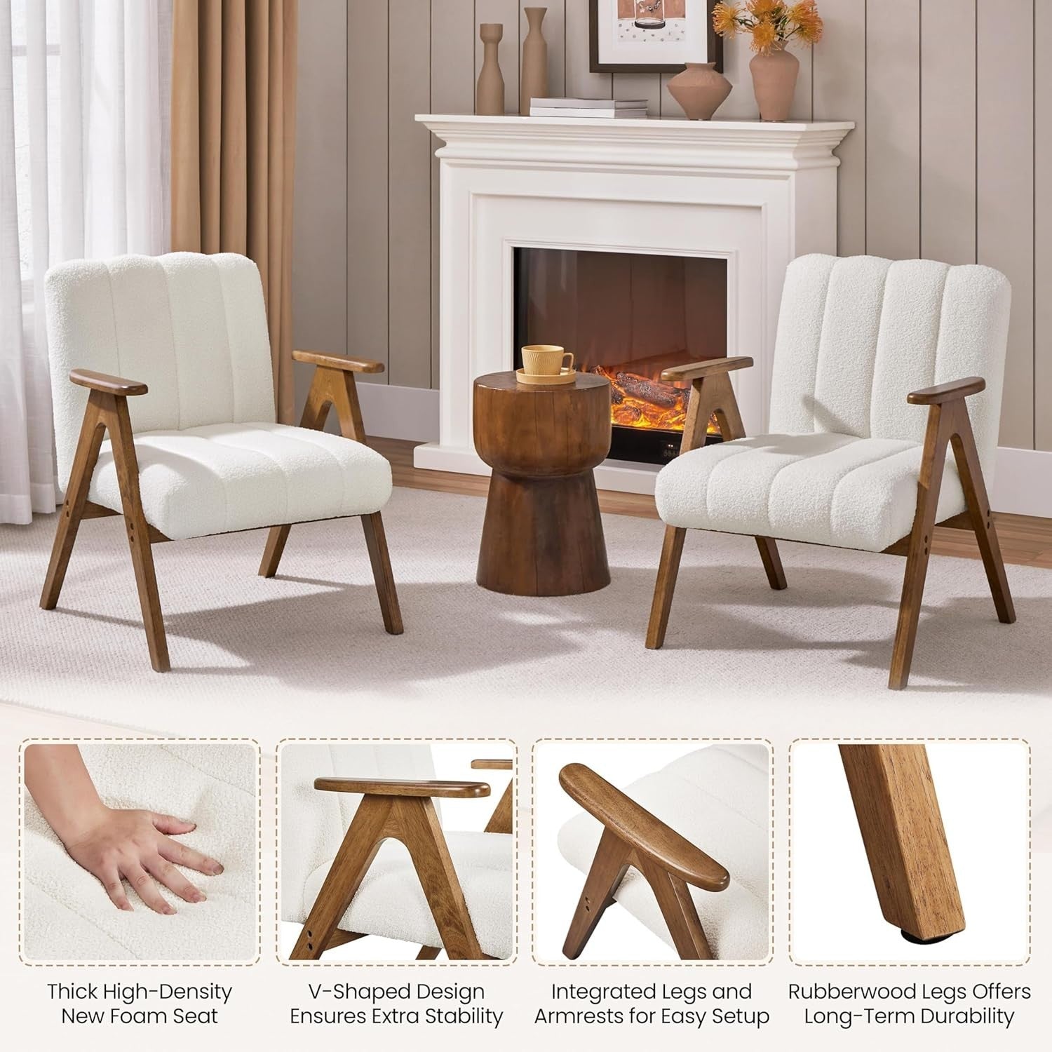 Boucle Accent Armchair Mid Century Lounge Chair Solid Wood Legs White