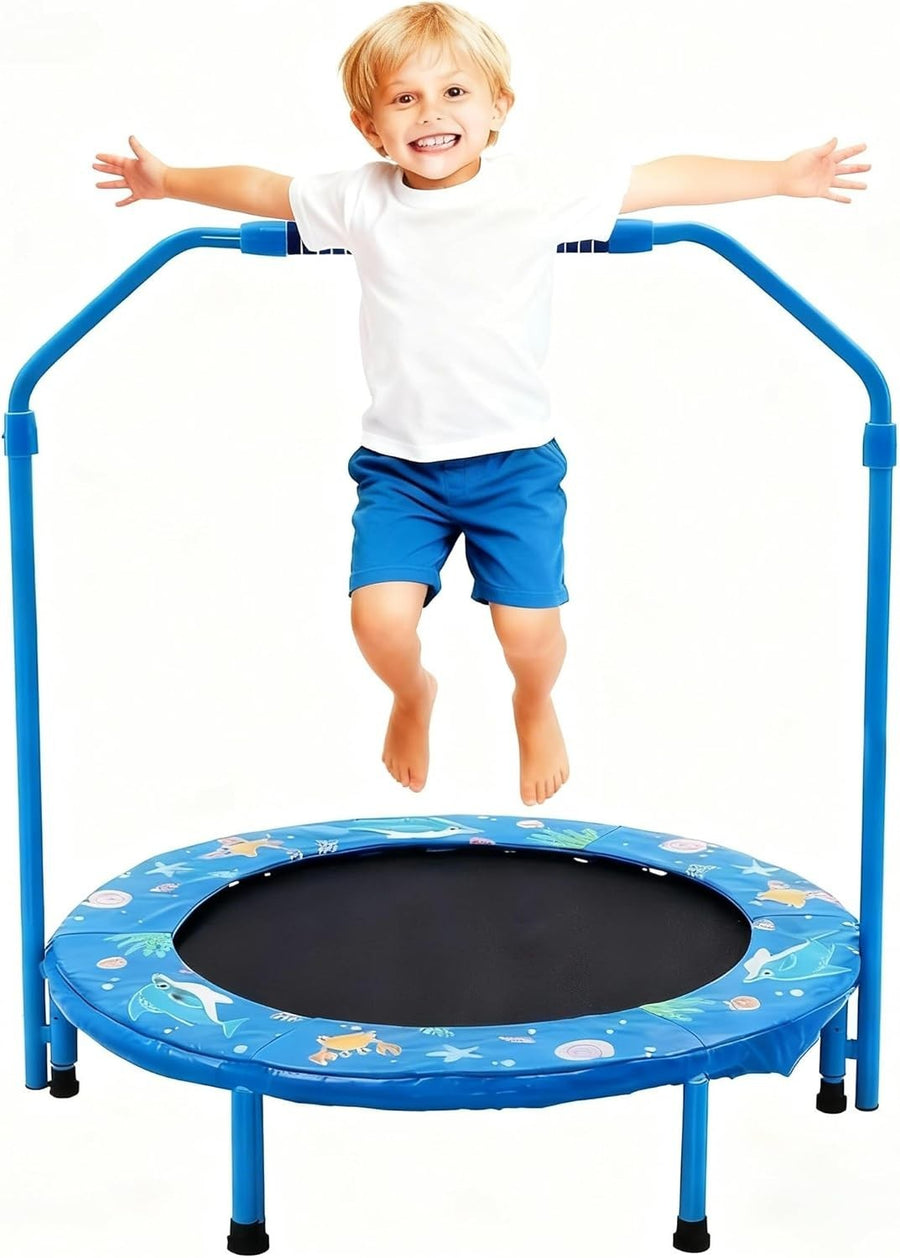 36'' Kids Mini Trampoline Adjustable Handle Foldable Quiet Indoor Outdoor