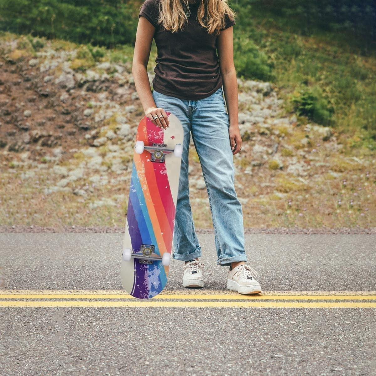 31in Beginner Skateboard Double Kick Maple Deck Rainbow Stripes + T Tool