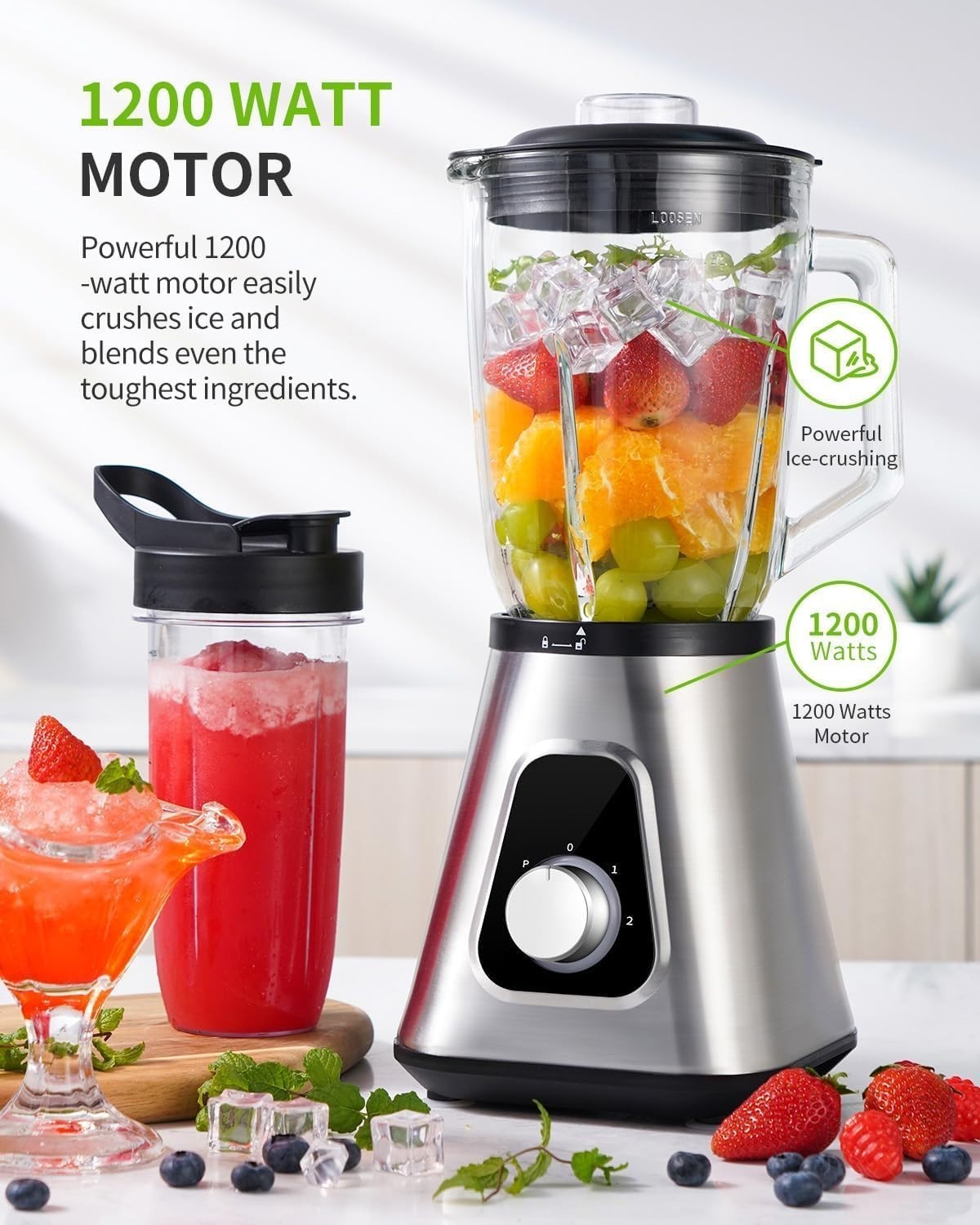 1200W Blender Smoothie Maker 2-in-1 Glass Jug Ice Crusher 3 Speed