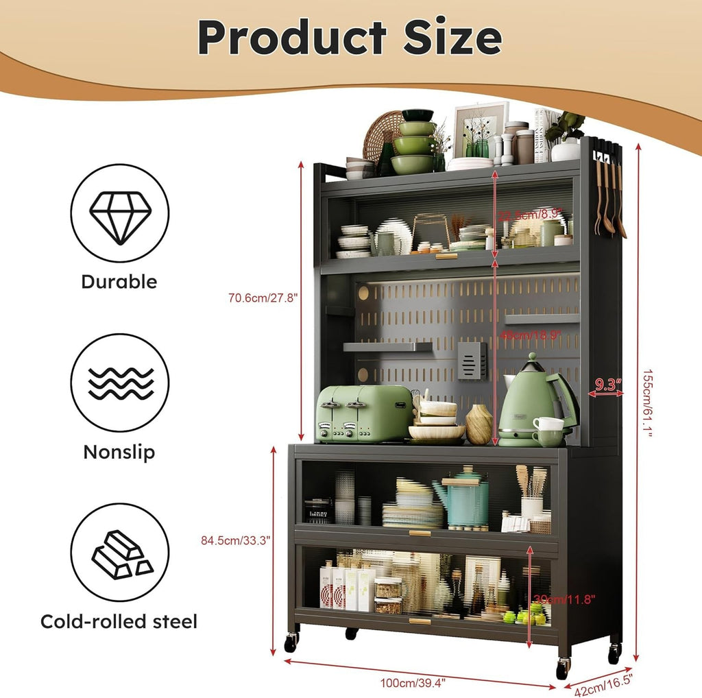 100x42x155cm 5-Tier Black Kitchen Storage Cabinet with Flip Door & Wheels