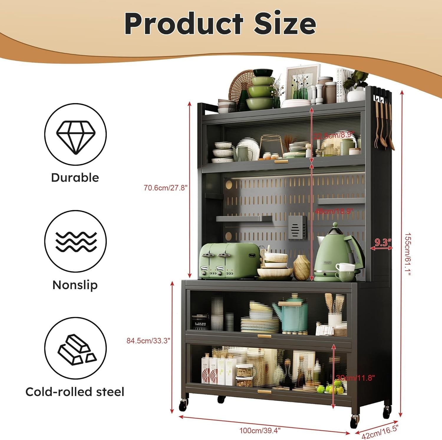 100x42x155cm 5-Tier Black Kitchen Storage Cabinet with Flip Door & Wheels