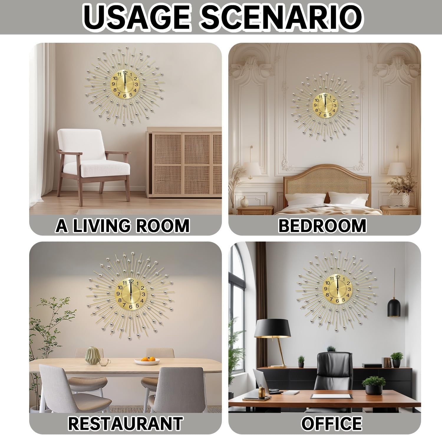 60cm Gold Sunburst Wall Clock – Silent Quartz Modern Decorative Metal Design