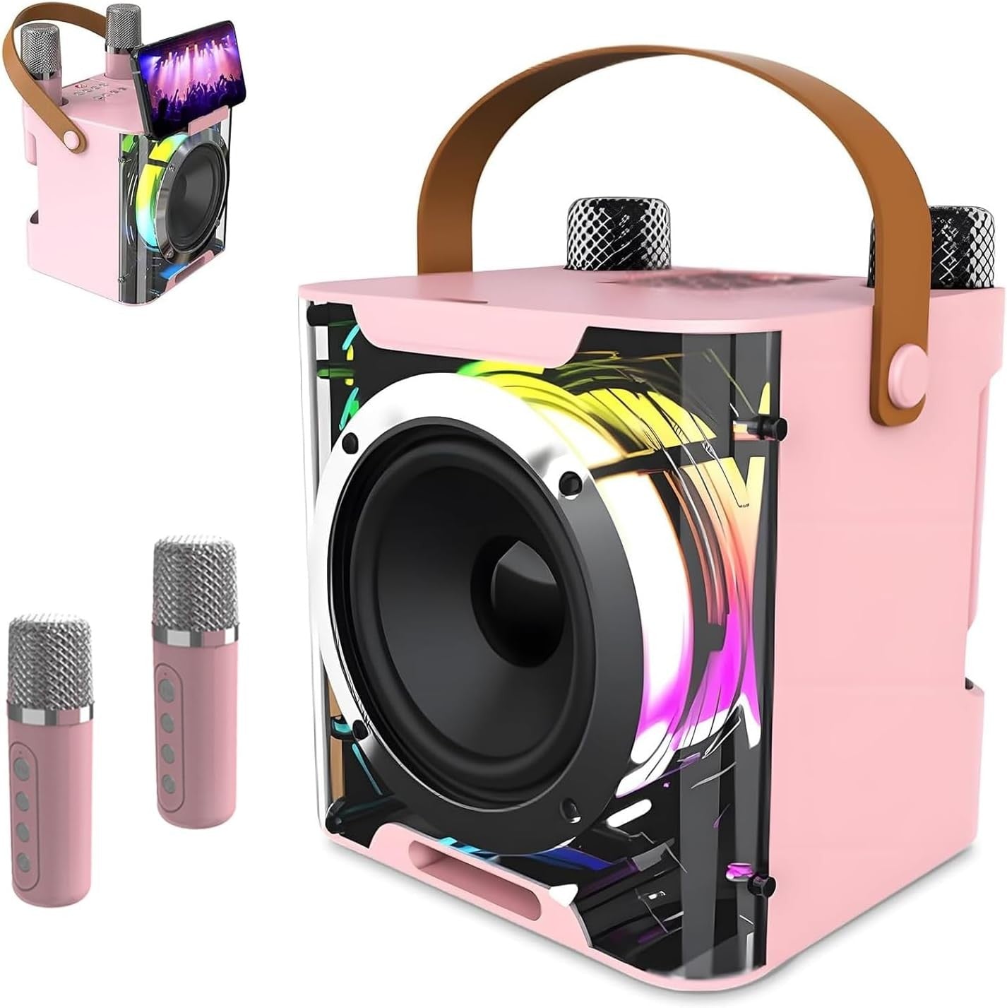 Portable Karaoke Machine 2 Wireless Mics LED
