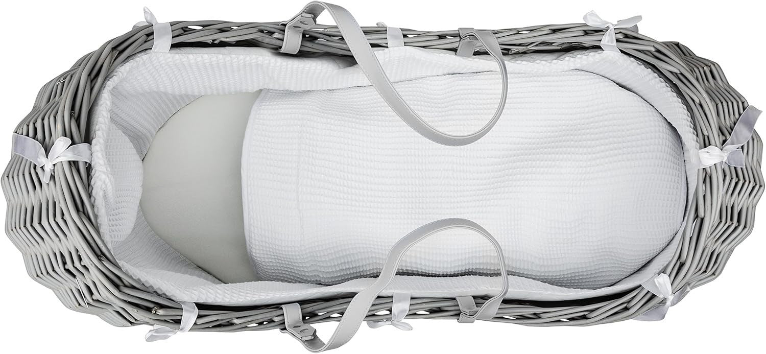 Grey Wicker Moses Basket with Full Bedding & Mattress Baby Crib Pod Bed