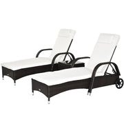 3Pc Rattan Recliner Lounger Set w/ Table Cushions Wheels Garden Patio
