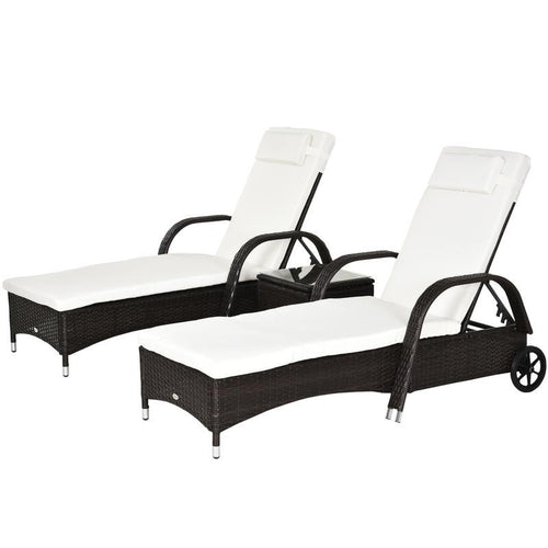 3Pc Rattan Recliner Lounger Set w/ Table Cushions Wheels Garden Patio