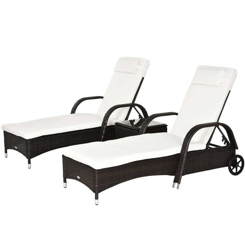 3Pc Rattan Recliner Lounger Set w/ Table Cushions Wheels Garden Patio