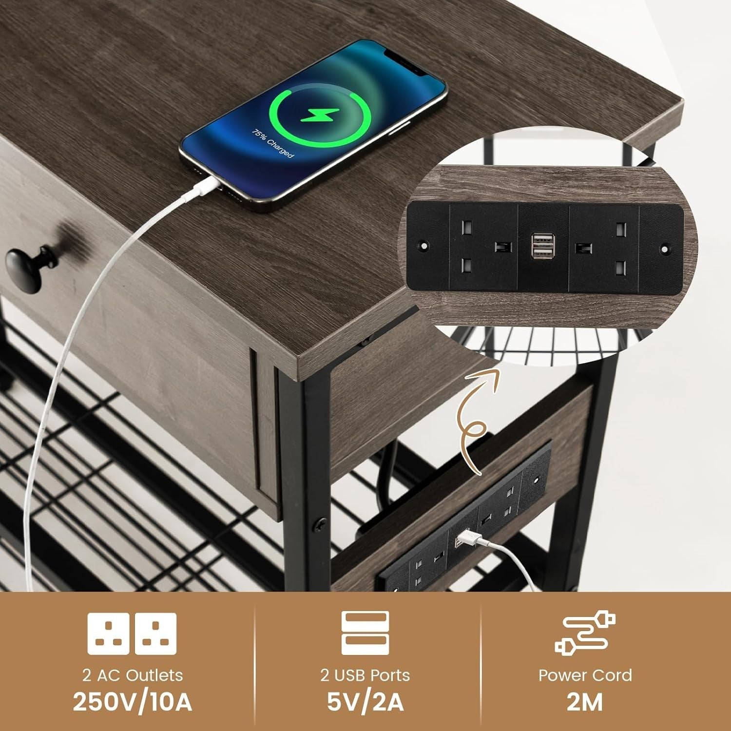 Slim Console Table with Charging Station, 2 Drawers, Storage Shelves 81cm