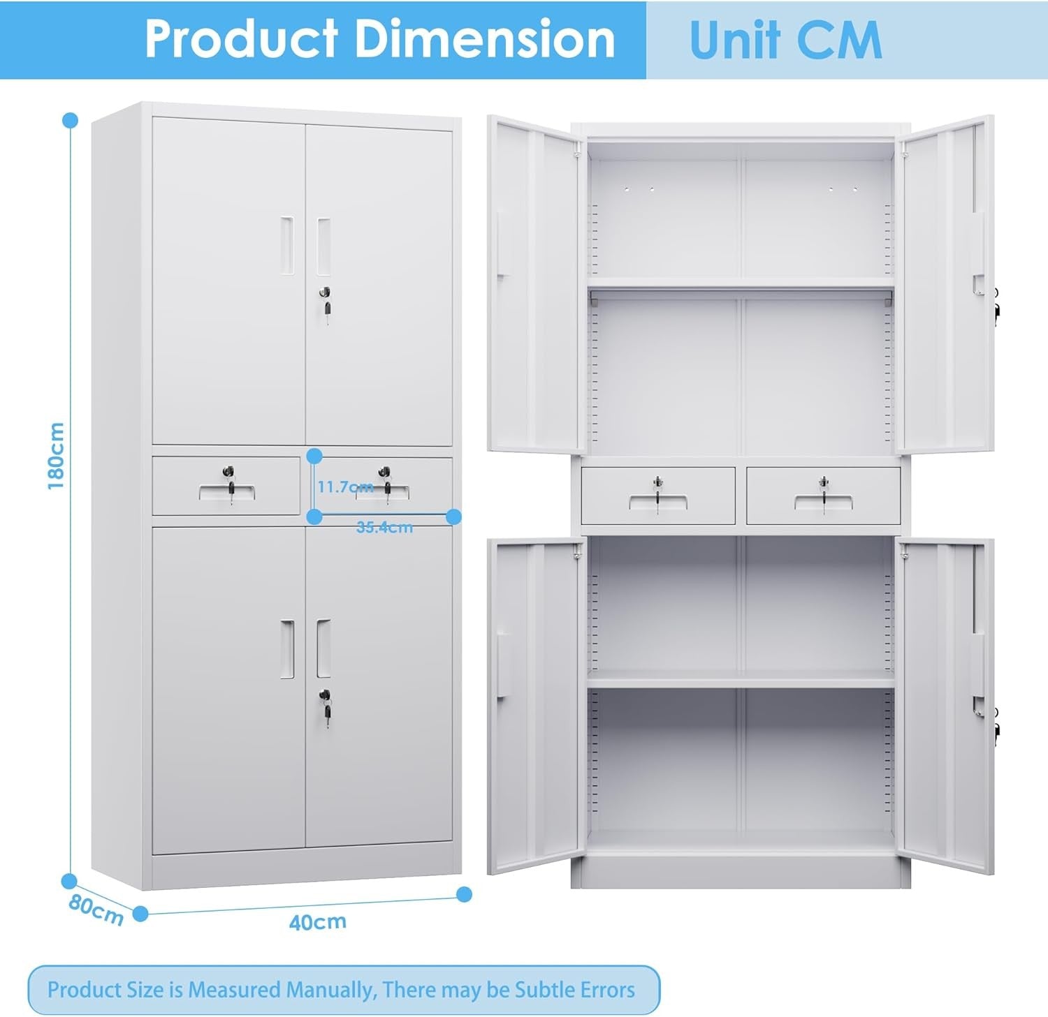White Metal Storage Cabinet 4 Door 2 Drawer Lockable Steel Cupboard Office 180cm