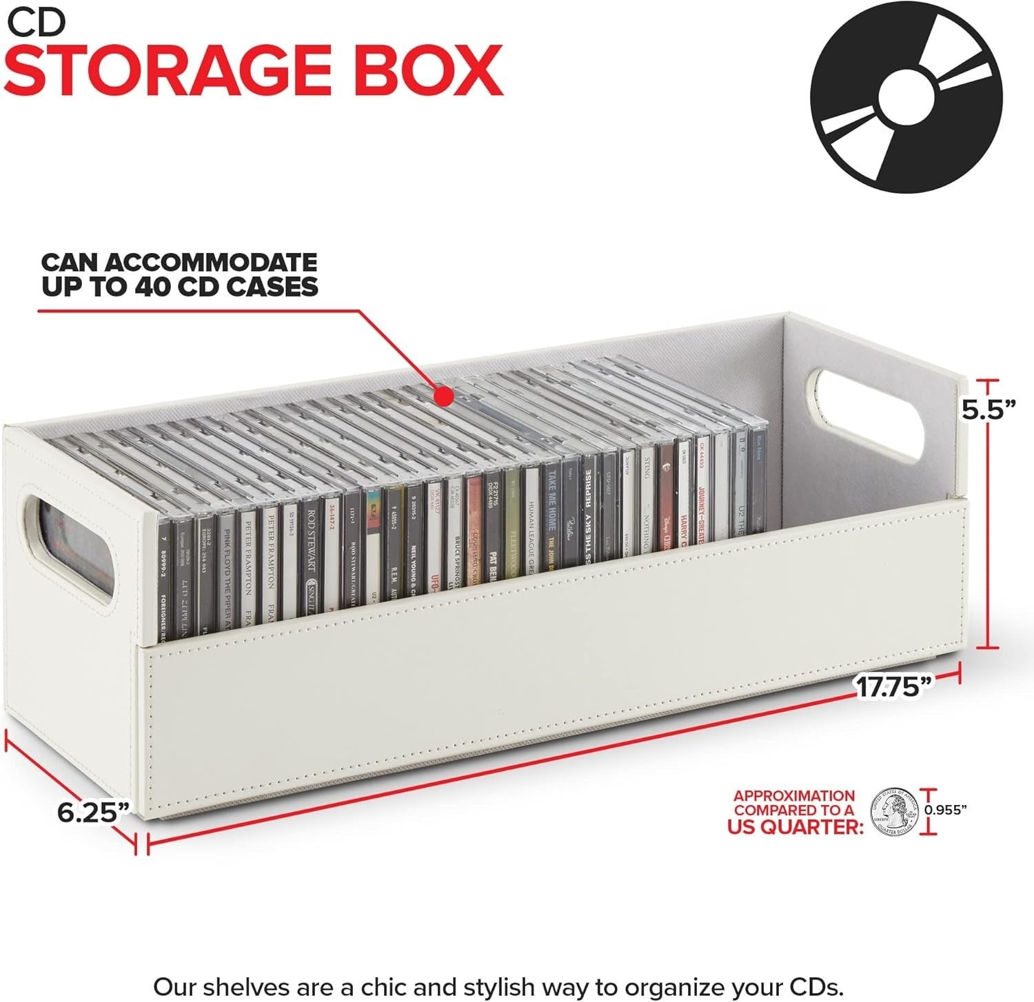 CD Storage Box Faux Leather Organizer Holds 40 CDs Stackable White