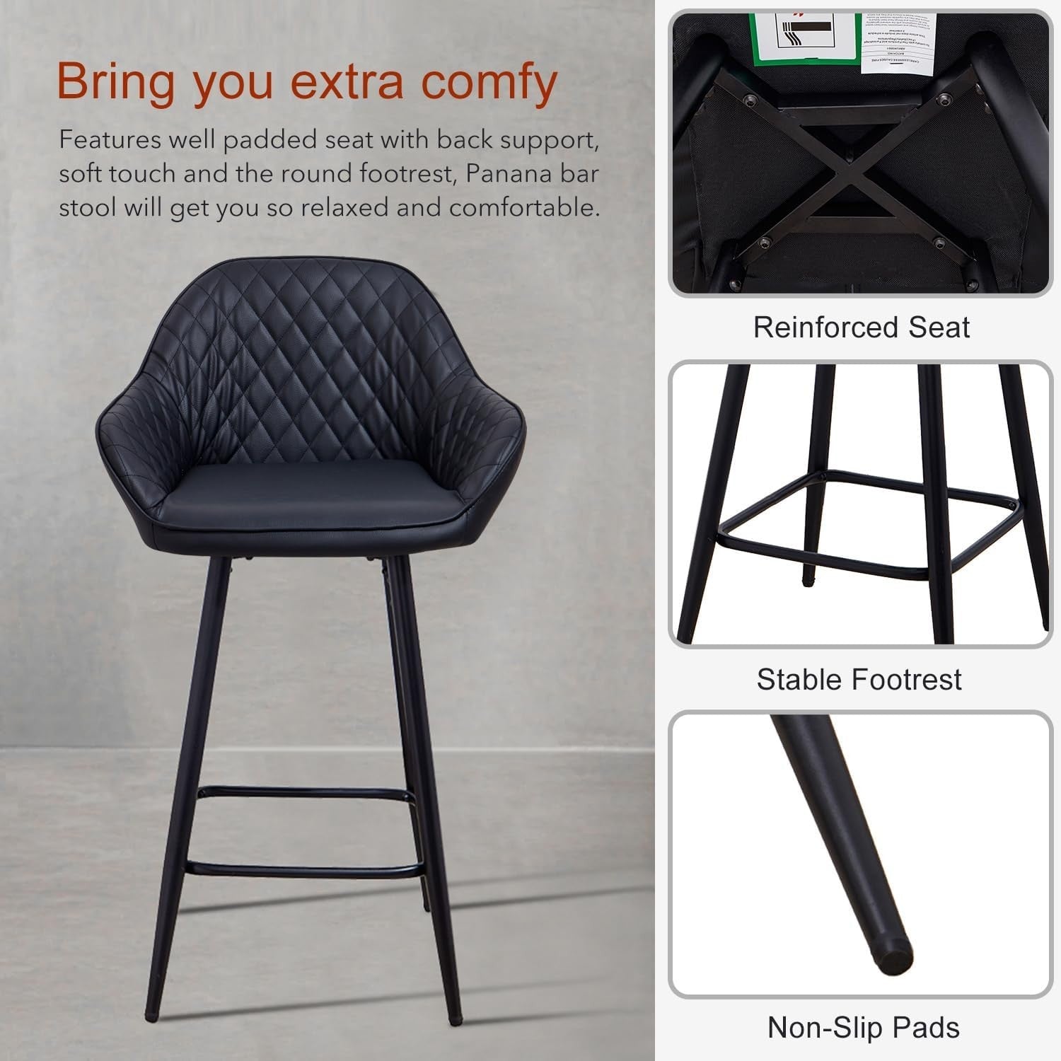 Black Faux Leather Bar Stools Set of 2 | Modern Kitchen & Counter Chairs