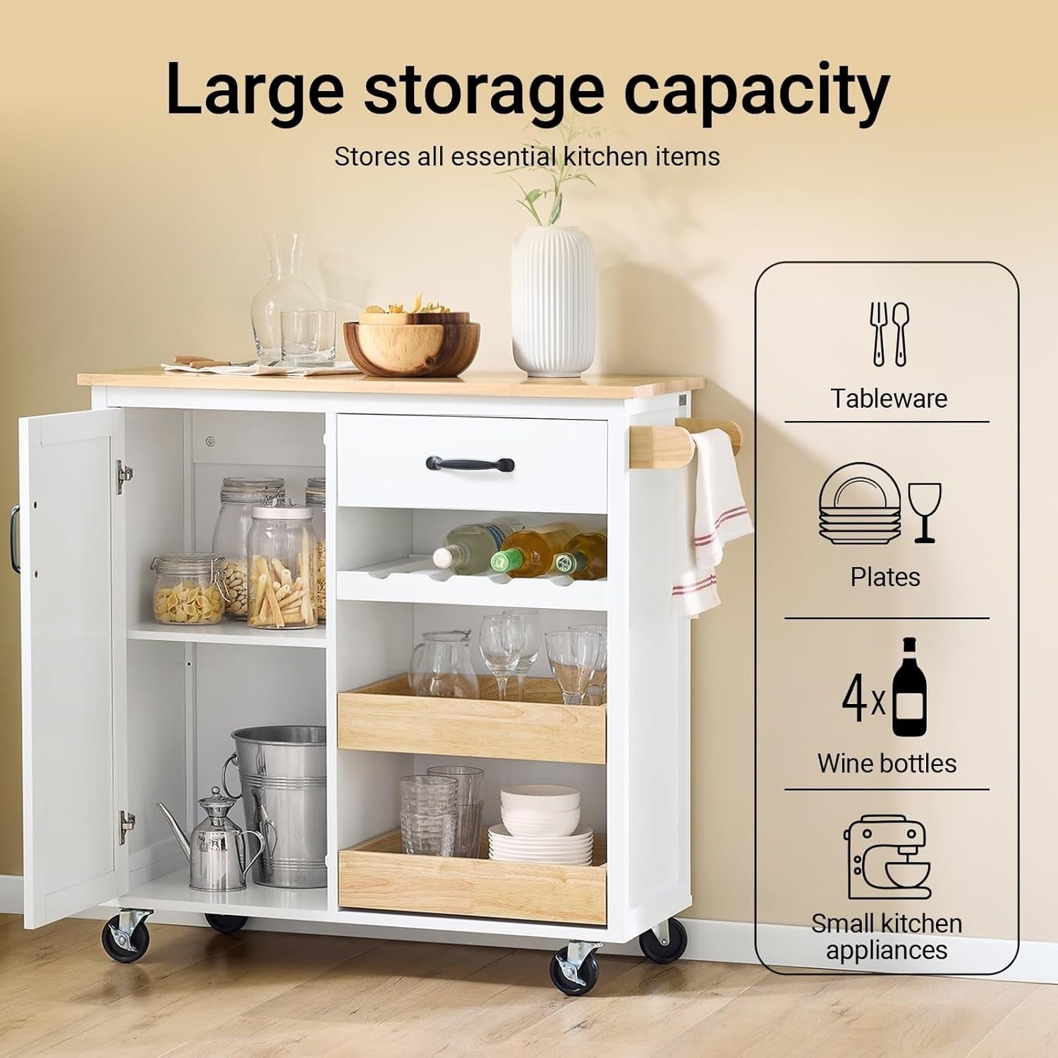 Rolling Kitchen Island Cart with Rubberwood Top, Storage & Locking Wheels, White