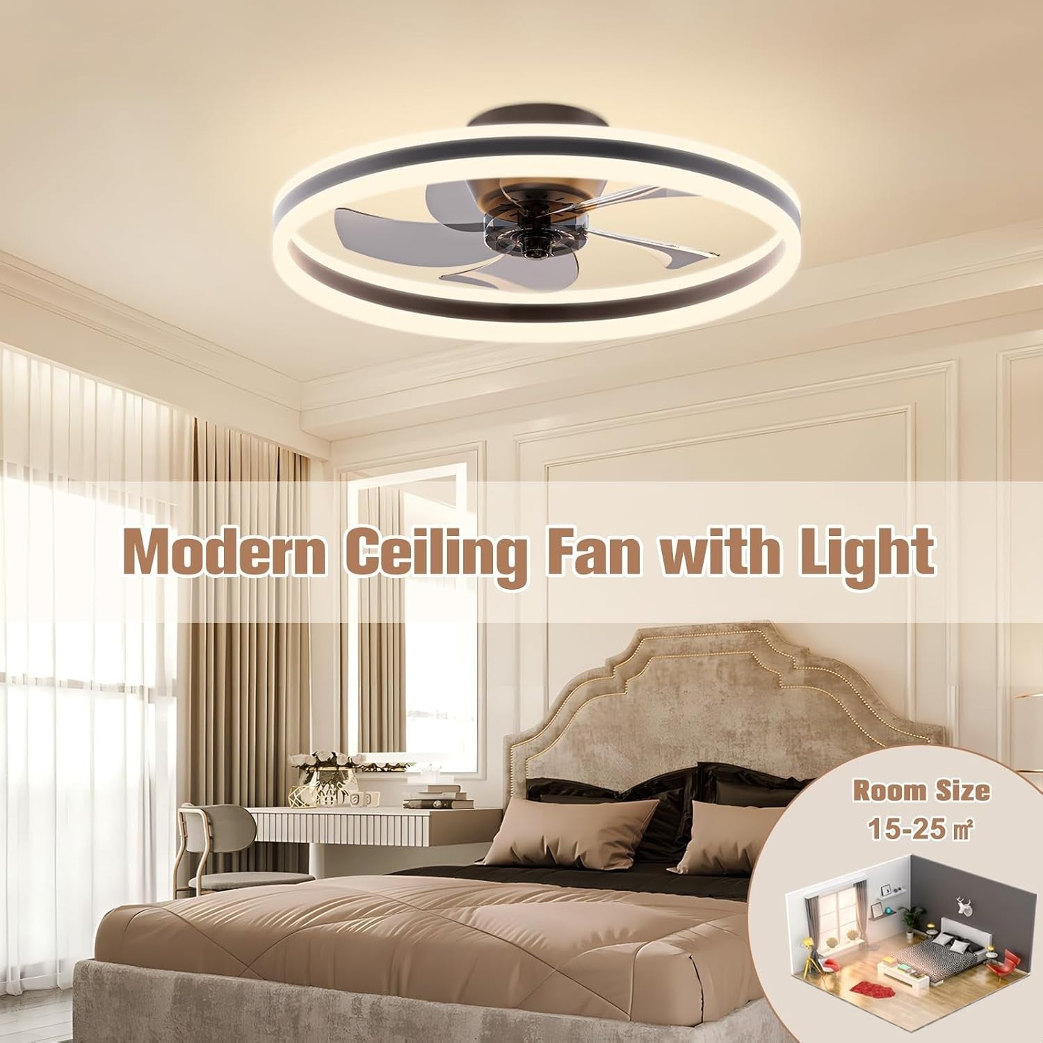 60cm Ceiling Fan with Light, Remote, 6 Speeds, Dimmable, Black