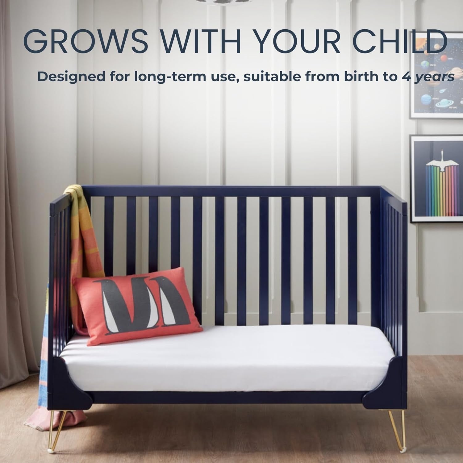 Baby Cot Bed Convertible Toddler Bed Adjustable Height Modern Design Midnight