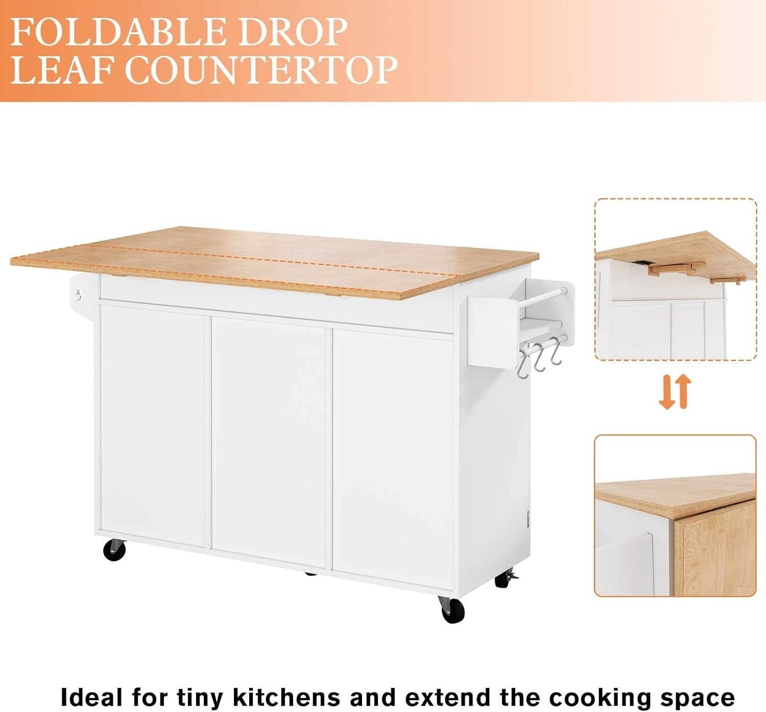 White Kitchen Island Trolley with Drop Leaf, Storage & Wheels – Rubberwood
