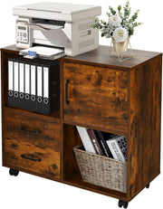 Rustic Brown Mobile File Cabinet 80cm Printer Stand Storage Unit