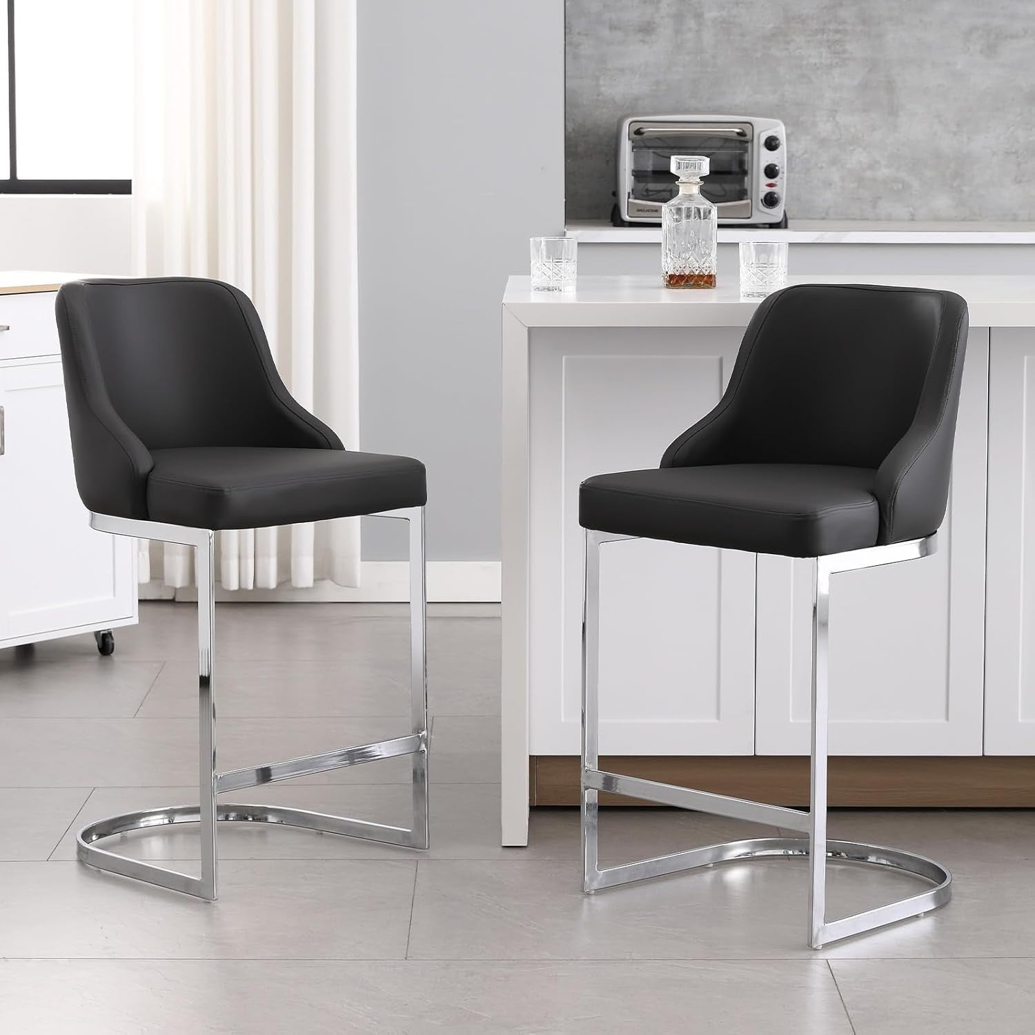 Blonde Black PU Bar Stools Set of 2 – 65cm Modern Counter Chairs