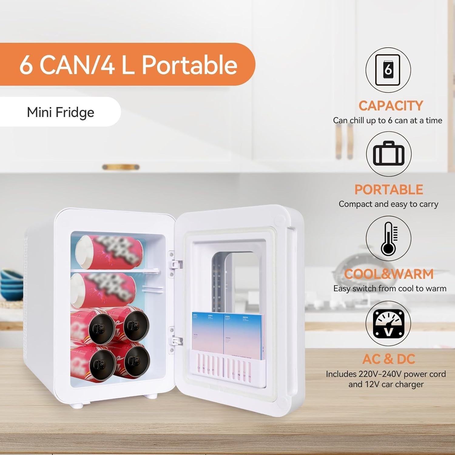 4L Mini Fridge Portable AC/DC Cooler Warmer Low Noise Skincare White