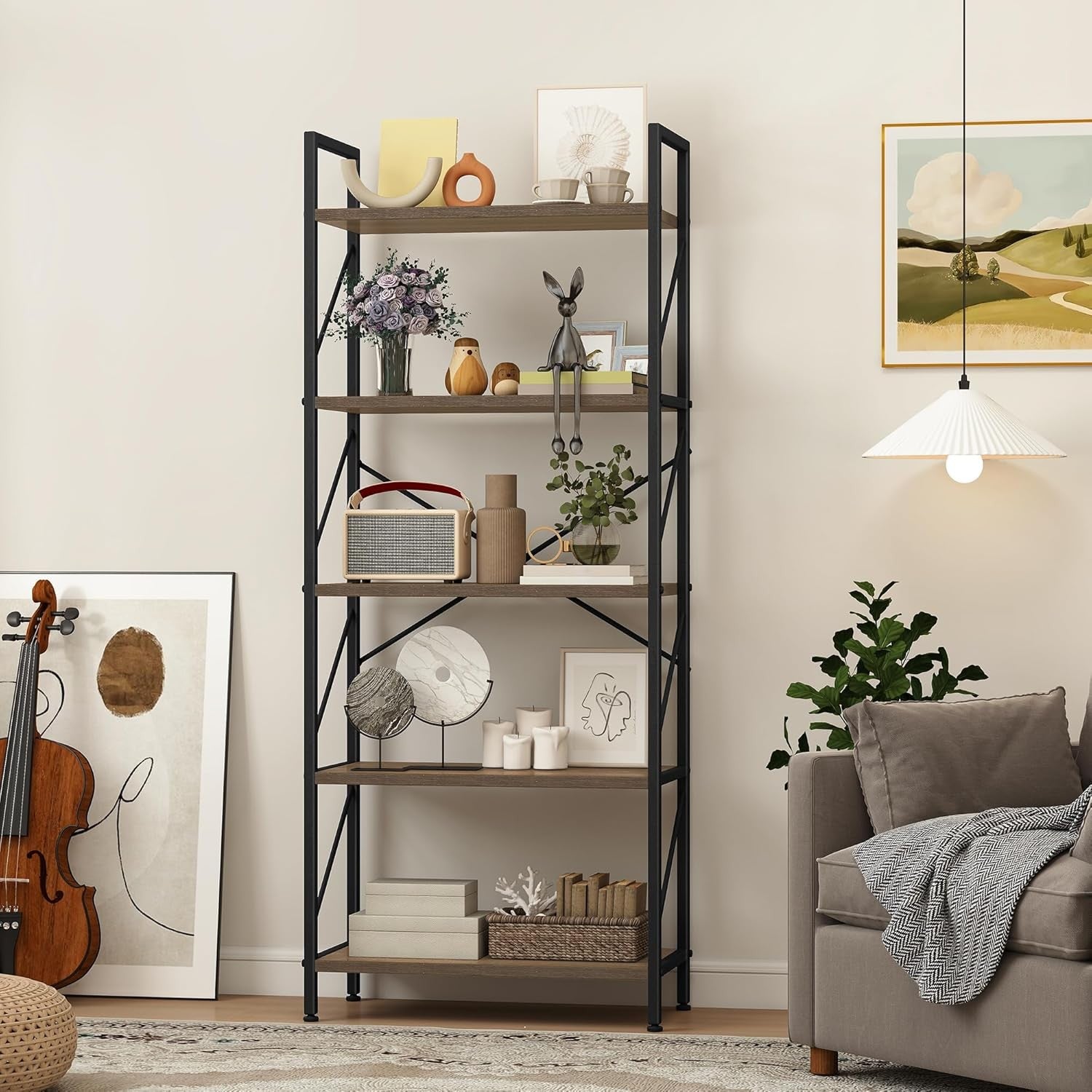 Tall Industrial 5-Tier Bookshelf Metal Frame Wood Shelving Storage Unit
