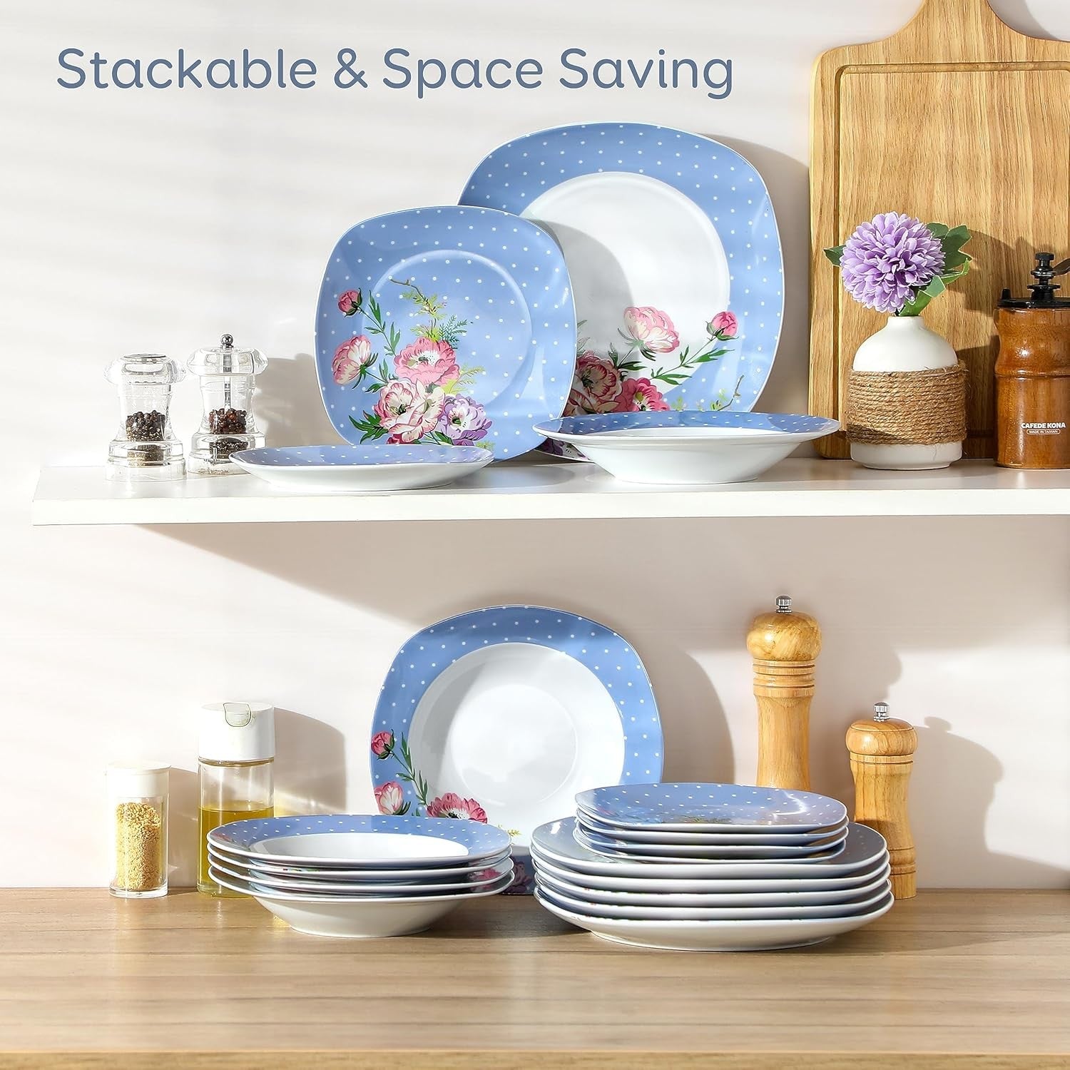 18 Piece Porcelain Dinner Set for 6 Floral Plates Bowls Microwave Safe