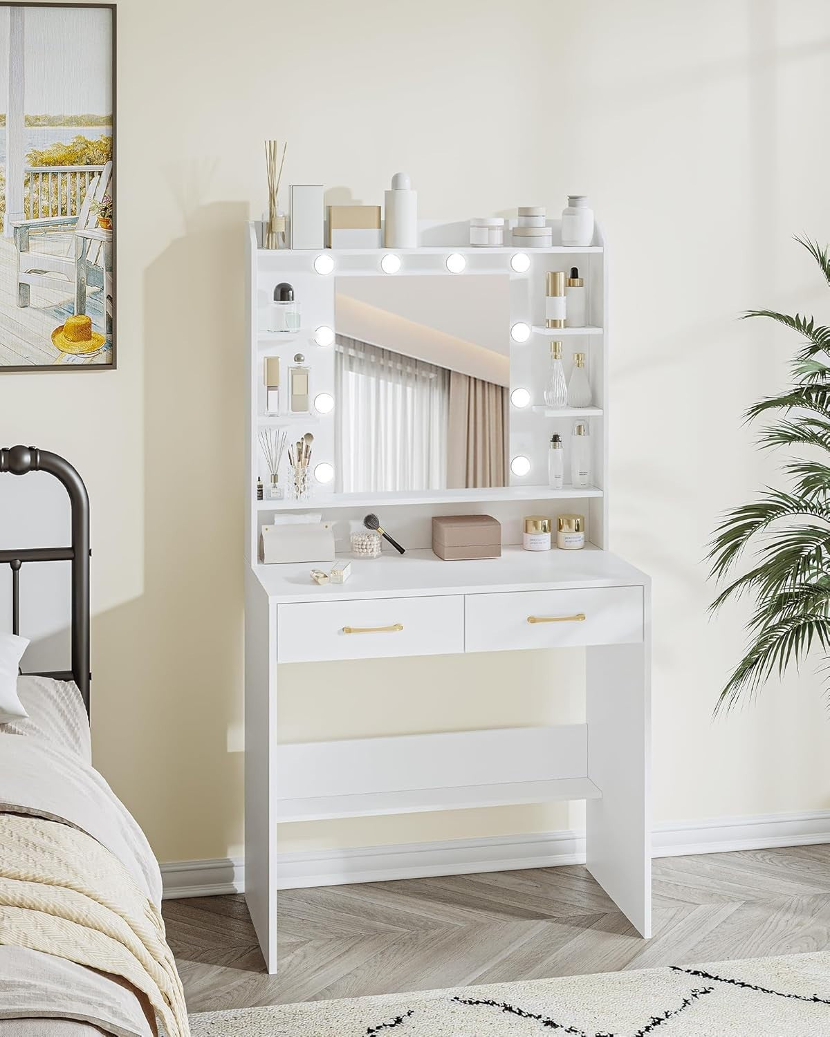 White Dressing Table Makeup Vanity Desk LED Lights Mirror Storage Drawers