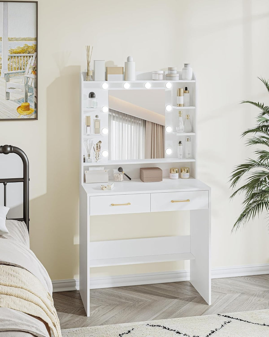 White Dressing Table Makeup Vanity Desk LED Lights Mirror Storage Drawers