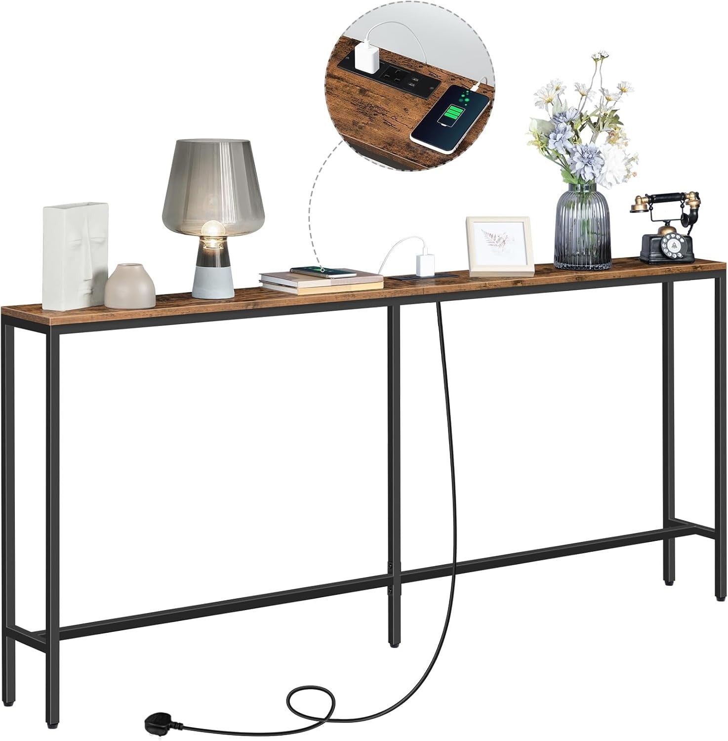 Narrow Sofa Console Table with USB & Power Strip, Rustic Wood, 180cm