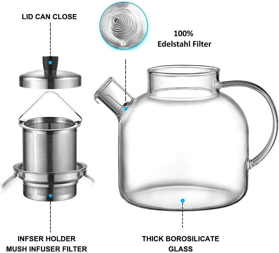 Glass Teapot 1500ml w/ Stainless Steel Infuser Stovetop Safe Clear Tea Pot