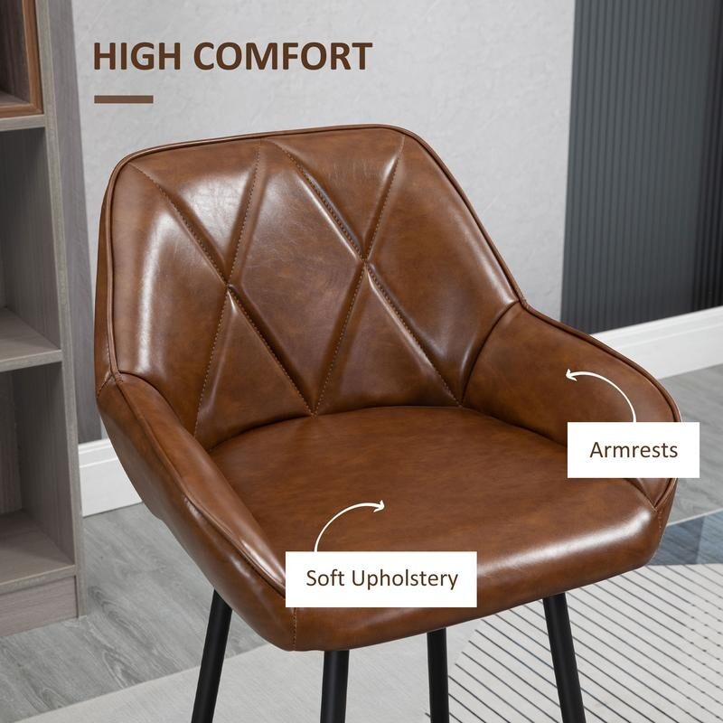 2x Faux Leather Bar Stools with Backrest Footrest Steel Legs for Home Bar