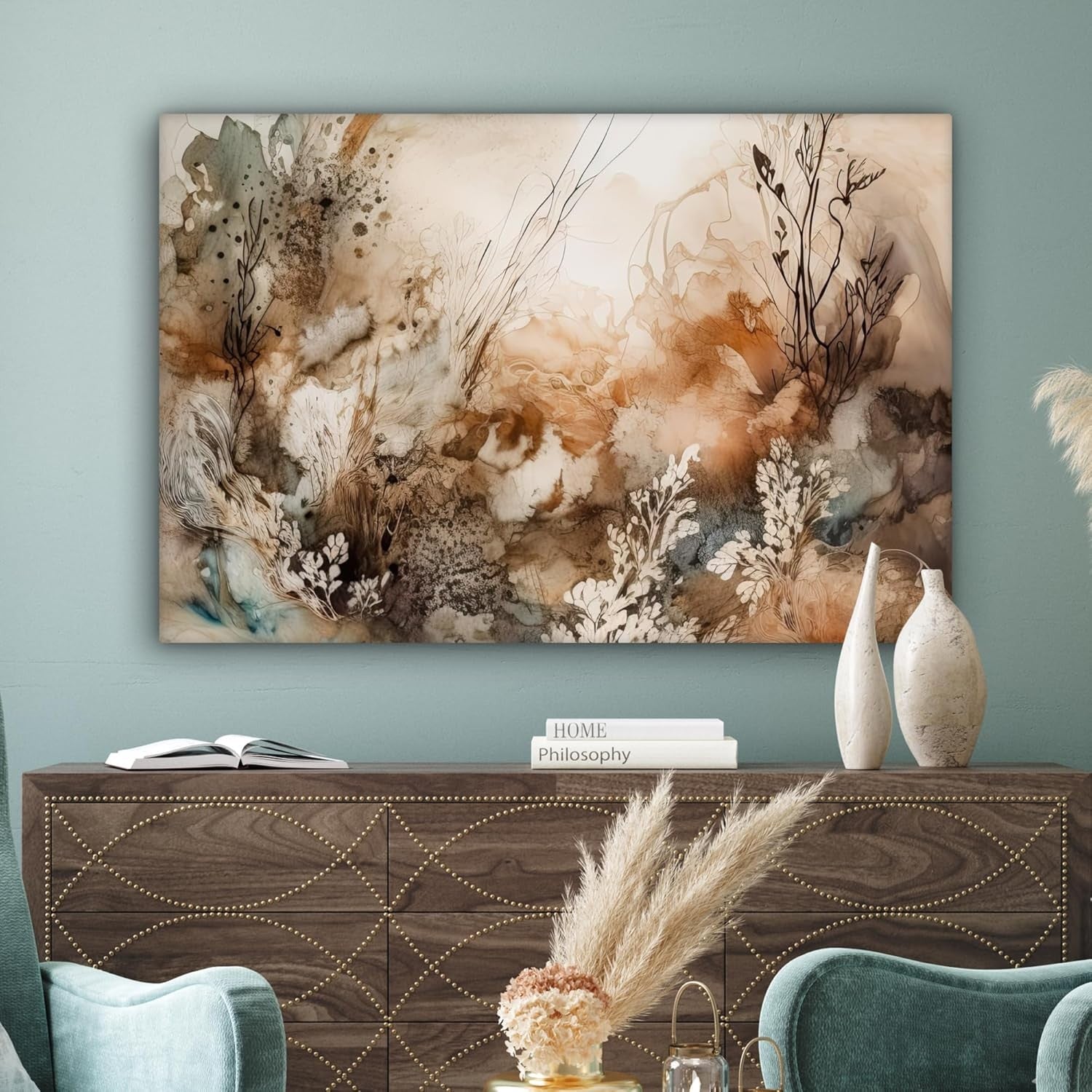 Large Abstract Floral Canvas Wall Art 120x80cm Beige Modern Living Room