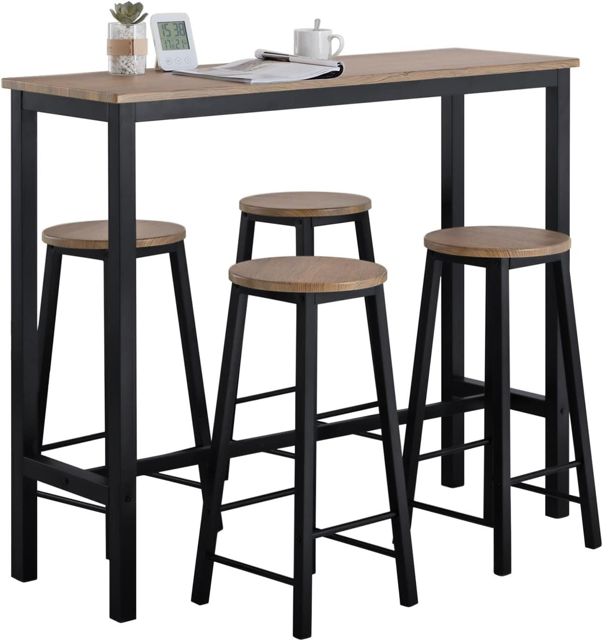 5-Piece Breakfast Bar Table Set with 4 Stools Wood Grain Top Metal Frame
