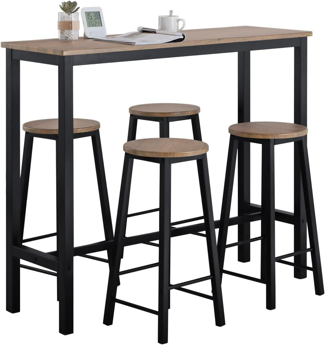 5-Piece Breakfast Bar Table Set with 4 Stools Wood Grain Top Metal Frame