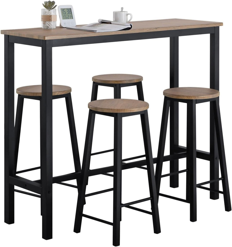 5-Piece Breakfast Bar Table Set with 4 Stools Wood Grain Top Metal Frame