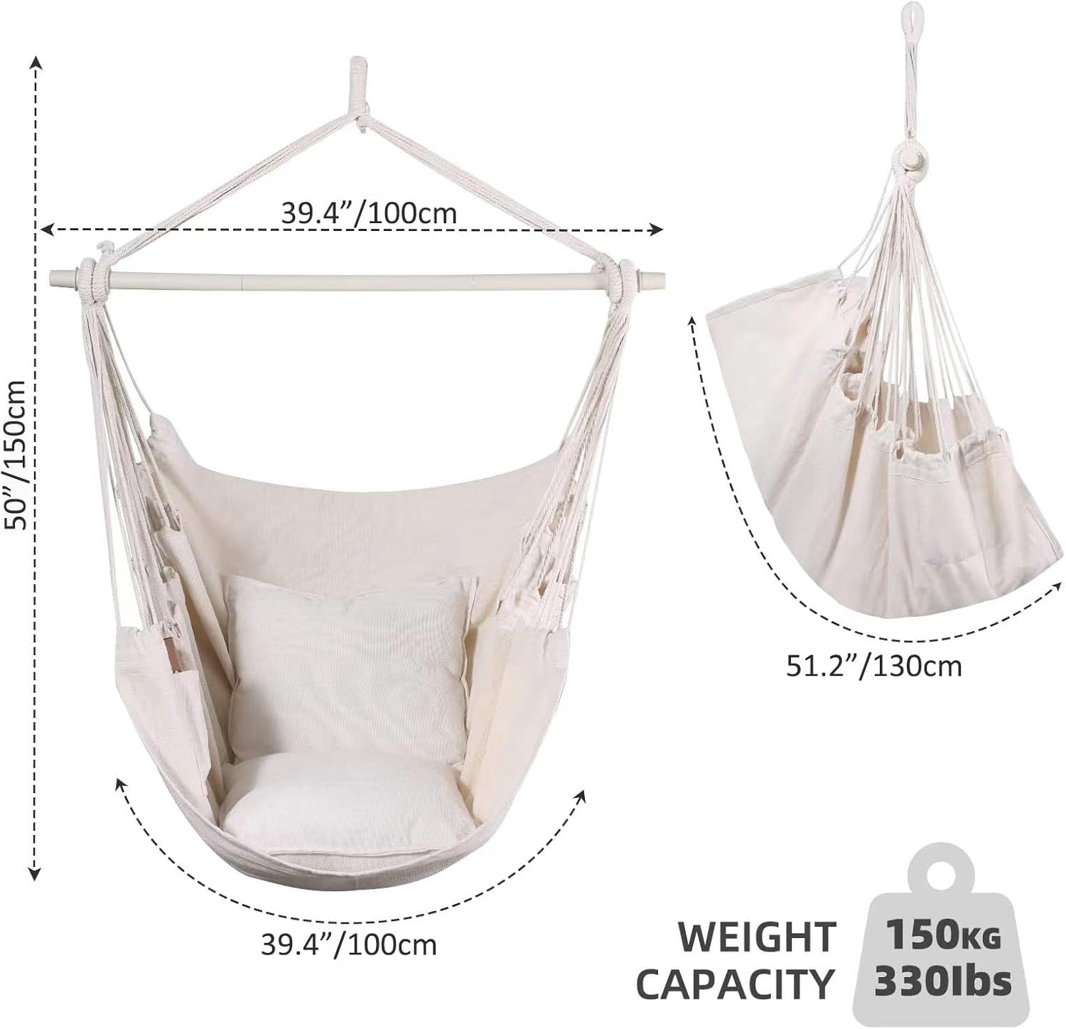Beige Hammock Chair Swing w/ Pillows & Bar | Indoor Outdoor 330lbs Max