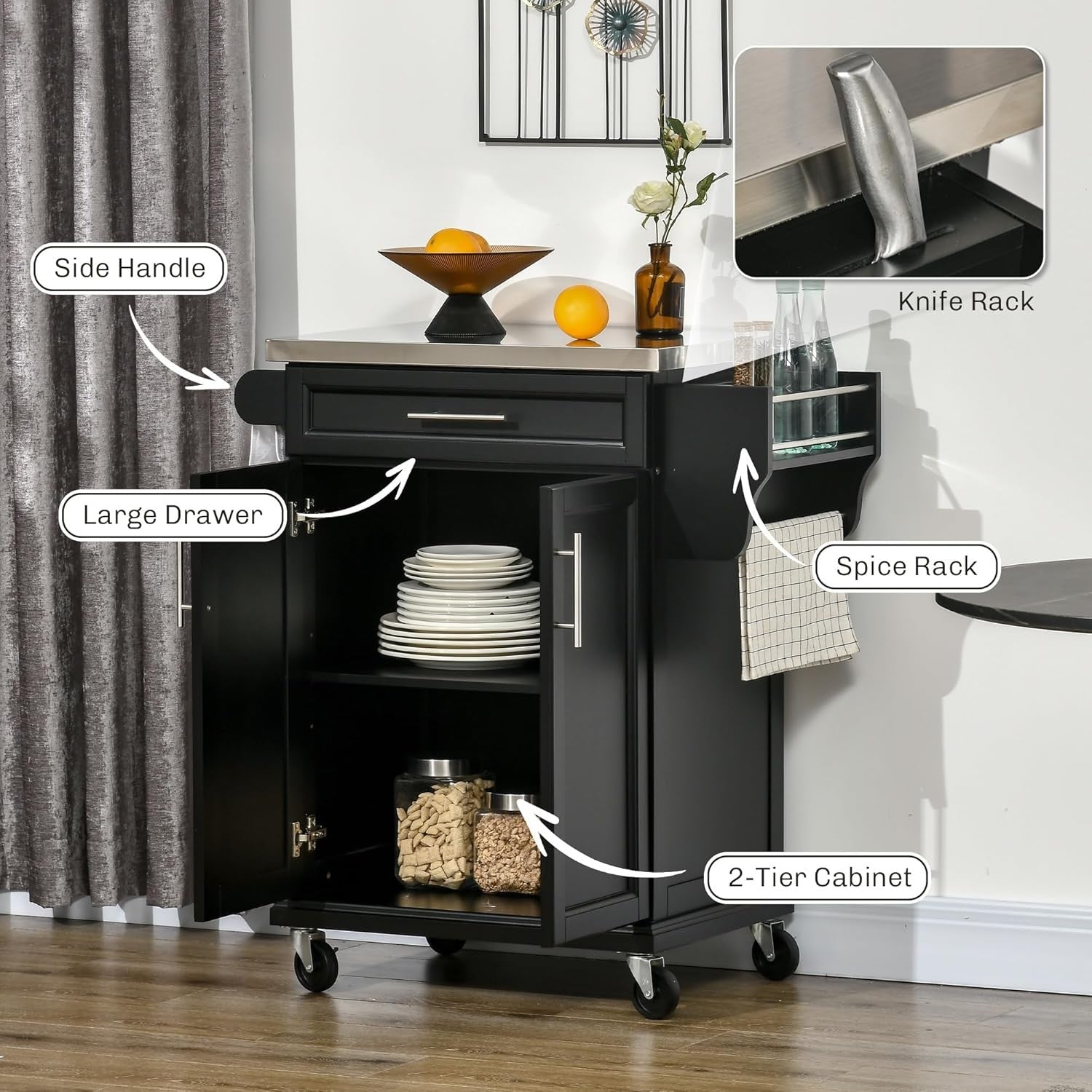 Kitchen Island Trolley on Wheels with Stainless Steel Top Drawer Storage