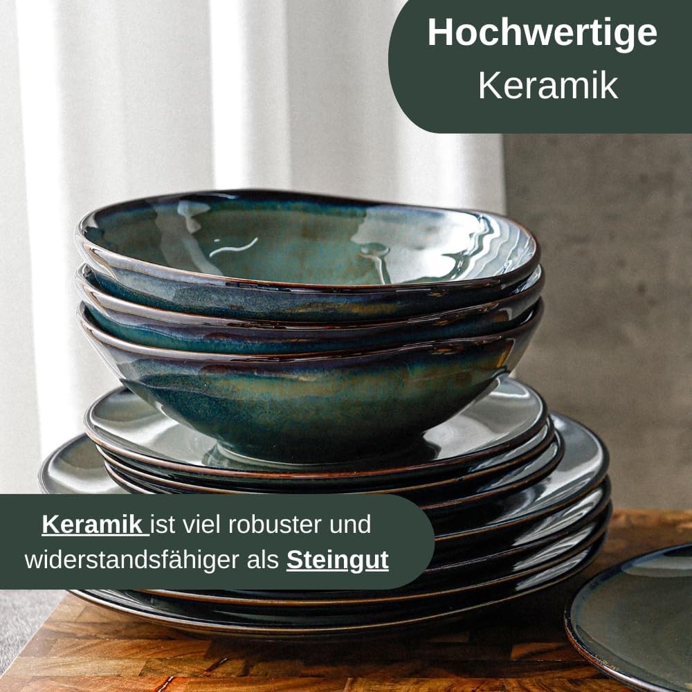 Mediterranean Ceramic Dinnerware Set 12 Piece Blue Green Gold Plates Bowls