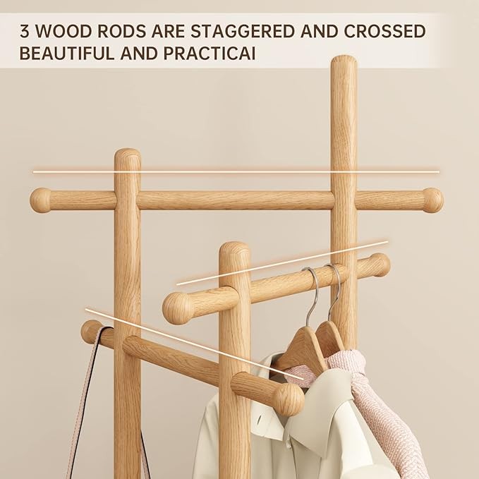 Wooden Coat Rack Stand with 3 Shelves | 360° Rotating 9 Hooks Hall Tree