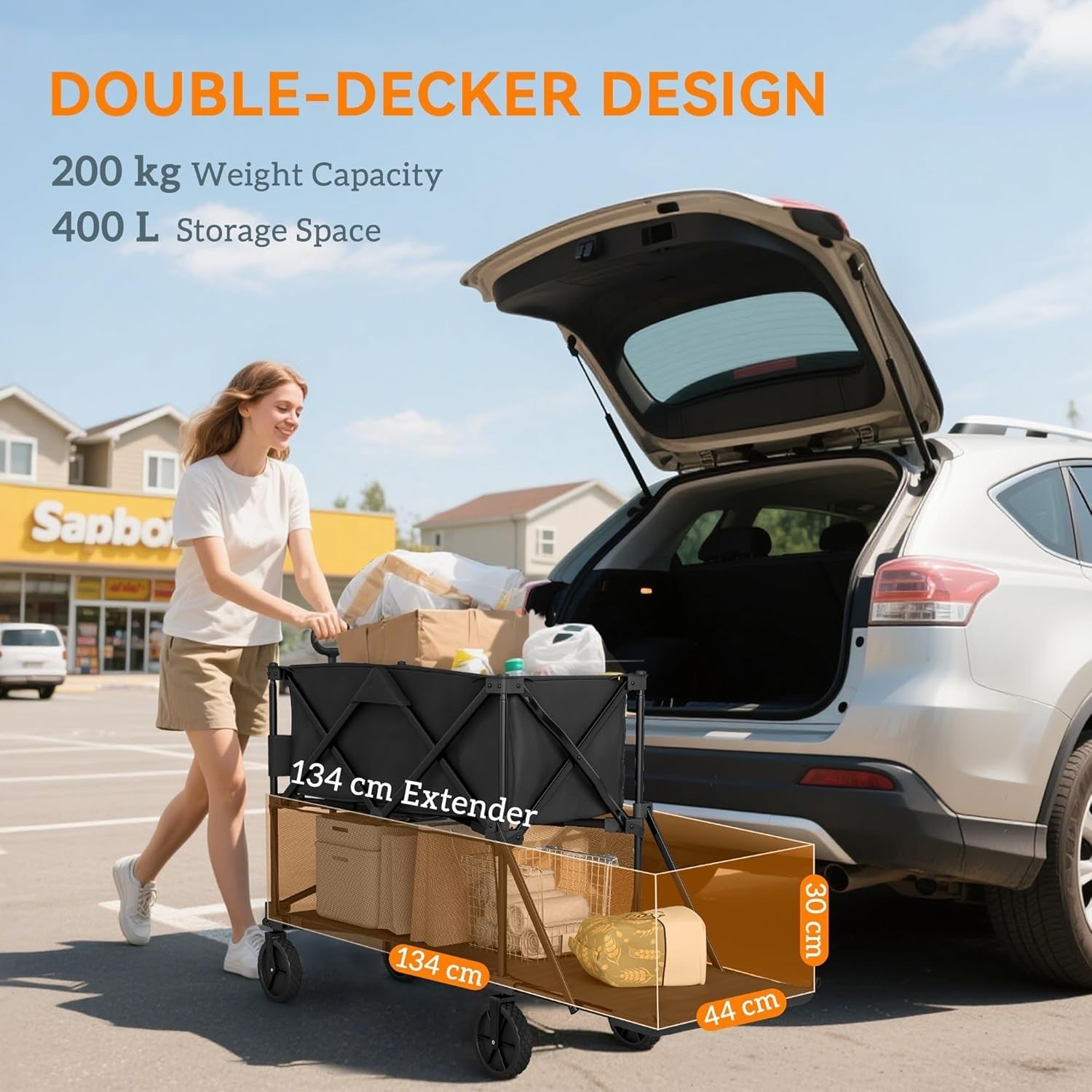 Black Double Decker Folding Festival Trolley 200kg Heavy Duty 350L Wagon Cart