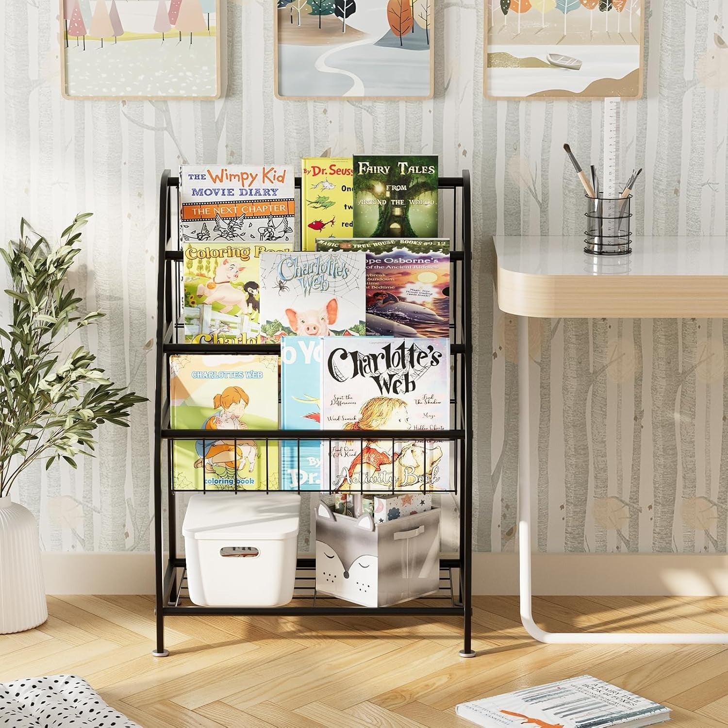 Kids Bookcase & Toy Organizer Shelf – Durable Metal, Space-Saving Leaning Rack