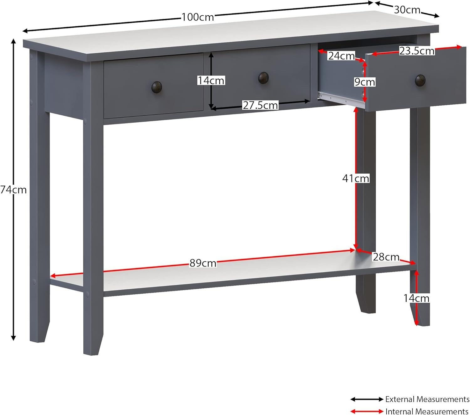 Console Table with 3 Drawers & Undershelf – Spacious Storage, Stylish Grey