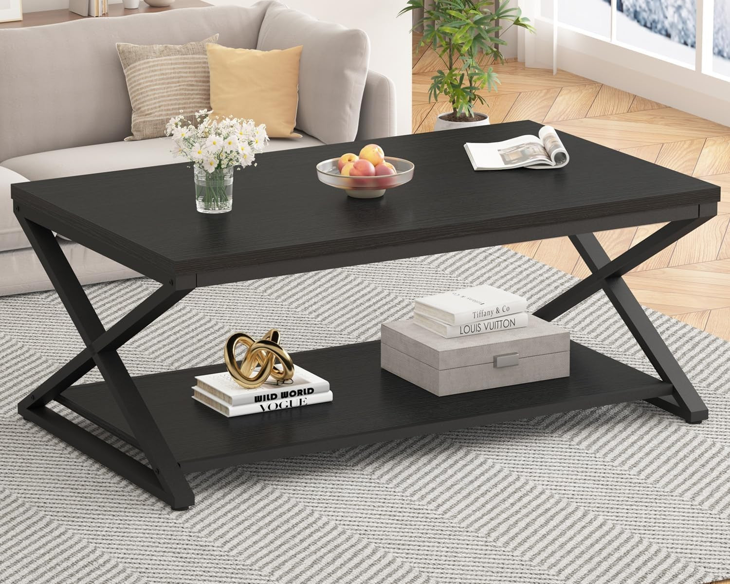 Industrial Black Coffee Table with Storage Shelf – Modern 47" Metal Wood Design