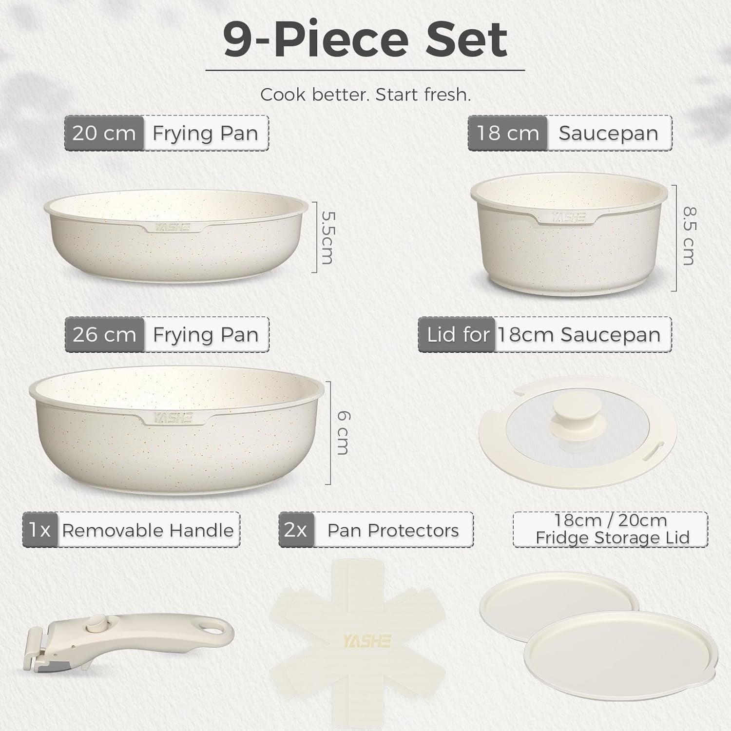 9Pcs White Granite Non-Stick Cookware Set with Removable Handle Induction Safe