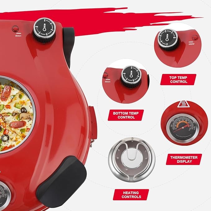 Electric Pizza Oven 31cm Stone 420°C Fast Cook 5 Temp Settings Red