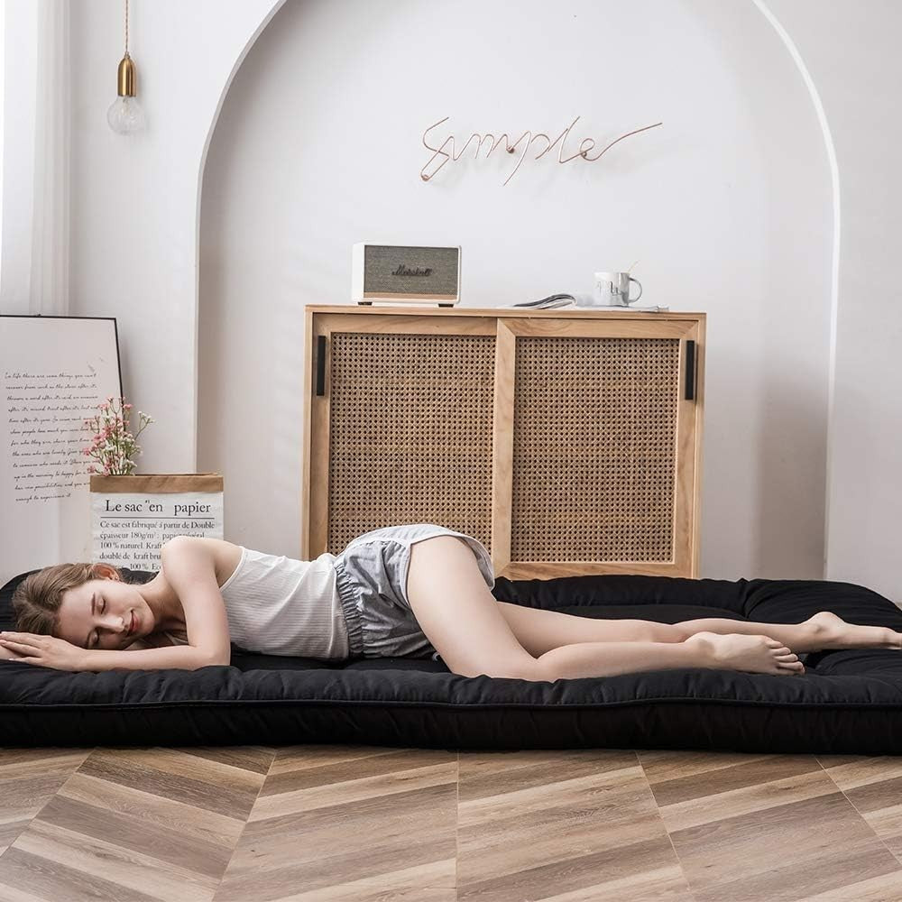 Black Foldable Futon Mattress | Thick Quilted Floor Sleeping Pad, Portable