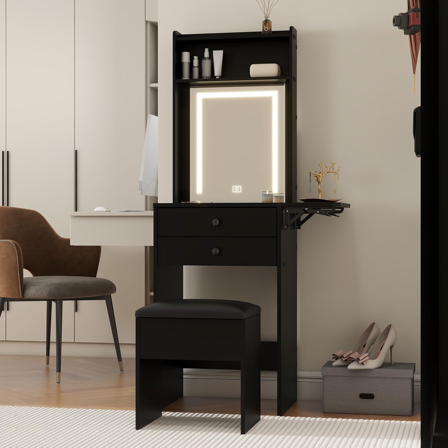 Modern Vanity Makeup Dressing Table w/ LED Mirror Storage Expandable Black